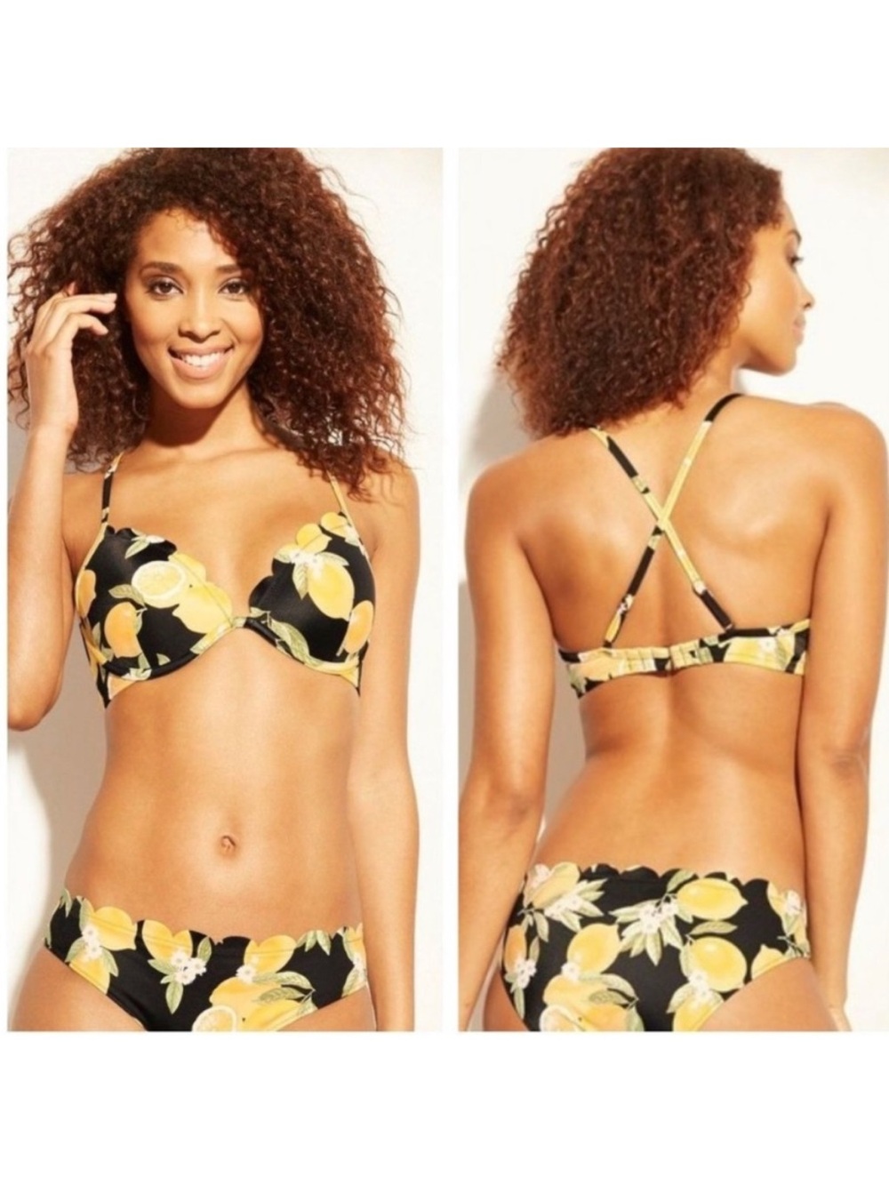 Shade & Shore Black Lemon-Print Push-Up Bikini Set 36C Medium